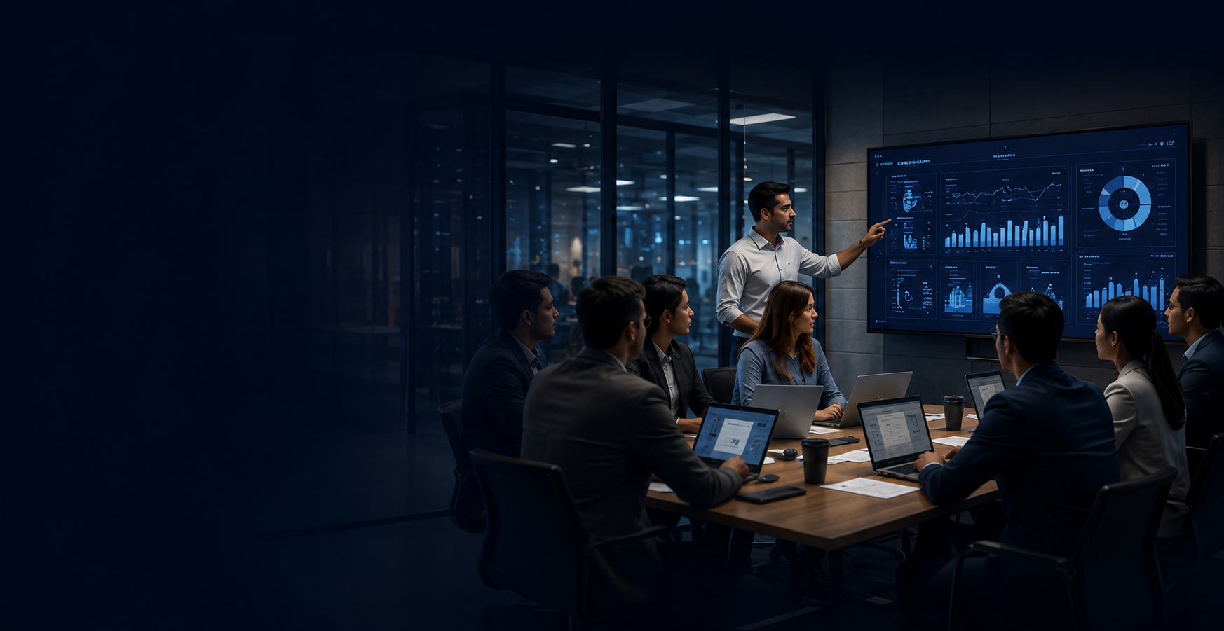 Corporate training discussion with data dashboard